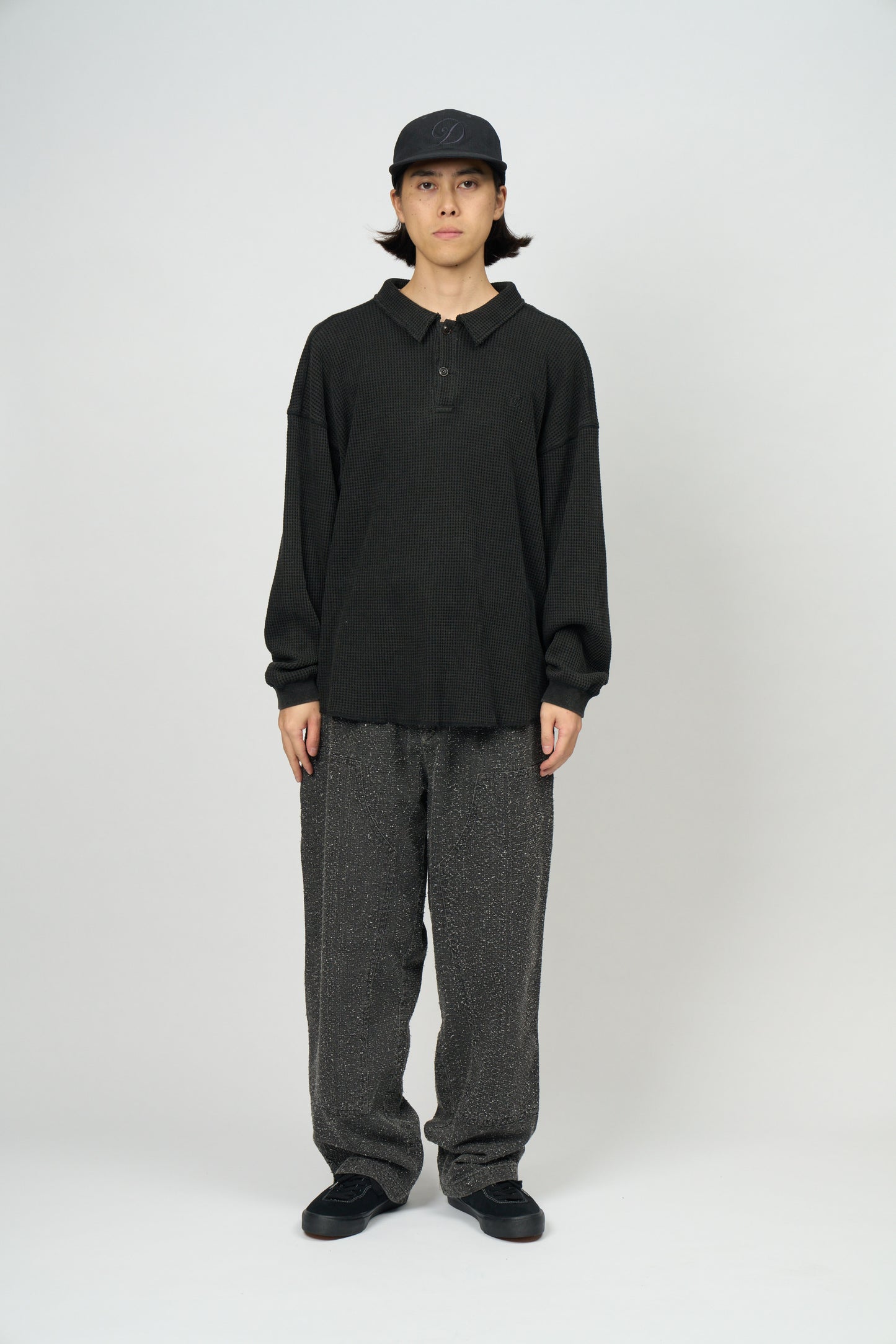 Waffle L/S Polo (Black)