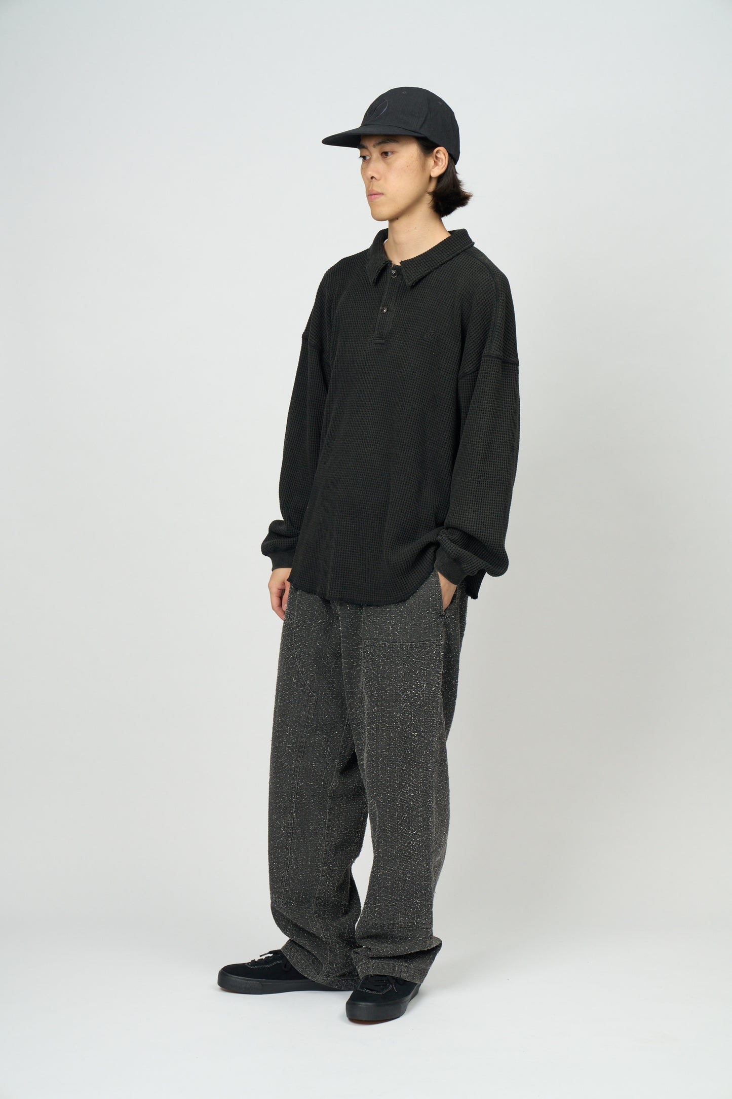 Waffle L/S Polo (Black)